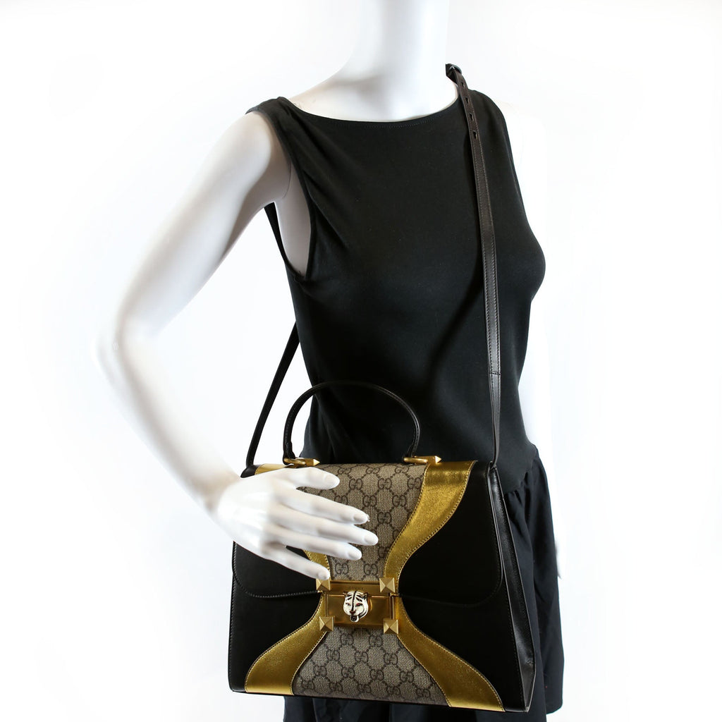 Gucci 476435 GG Supreme/Leather Osiride Medium Top Handle Bag Black