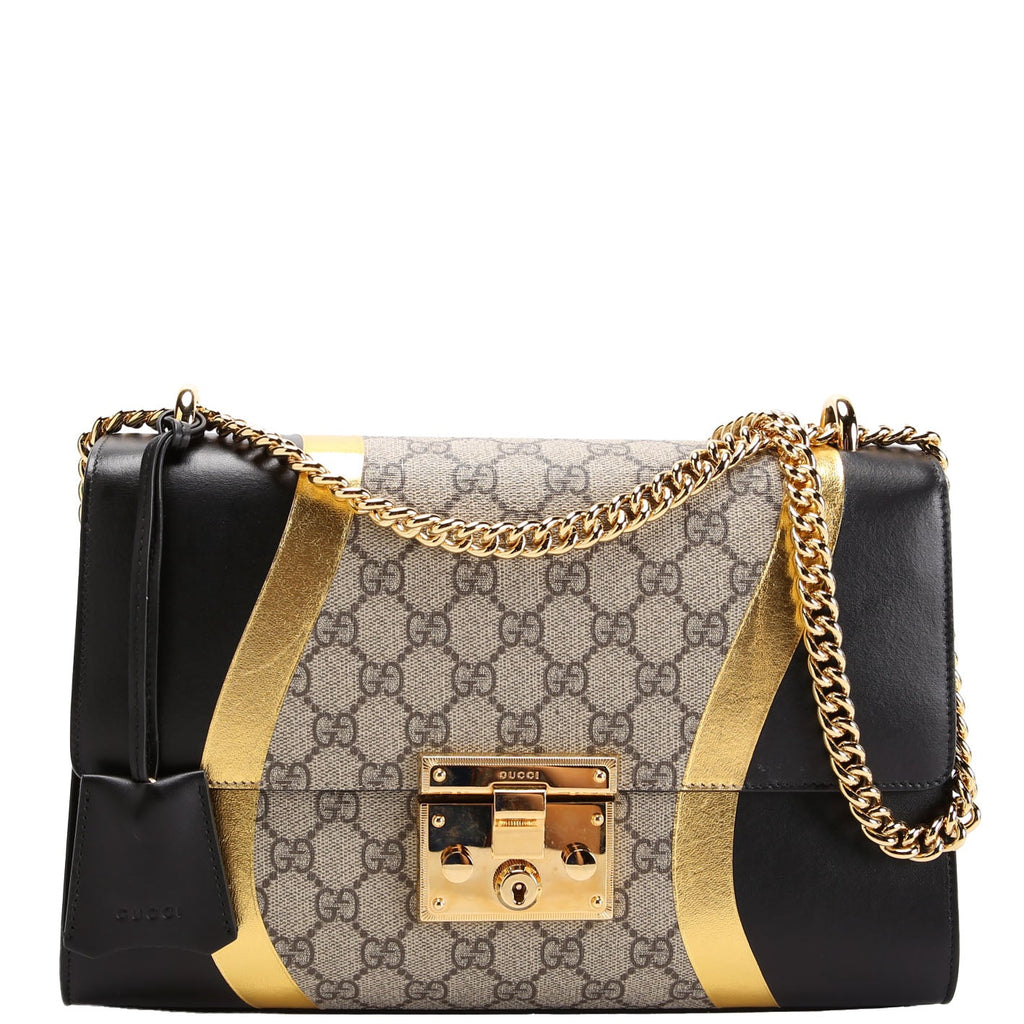 432679 GG Supreme Calfskin Padlock Medium Shoulder Bag Black/Gold