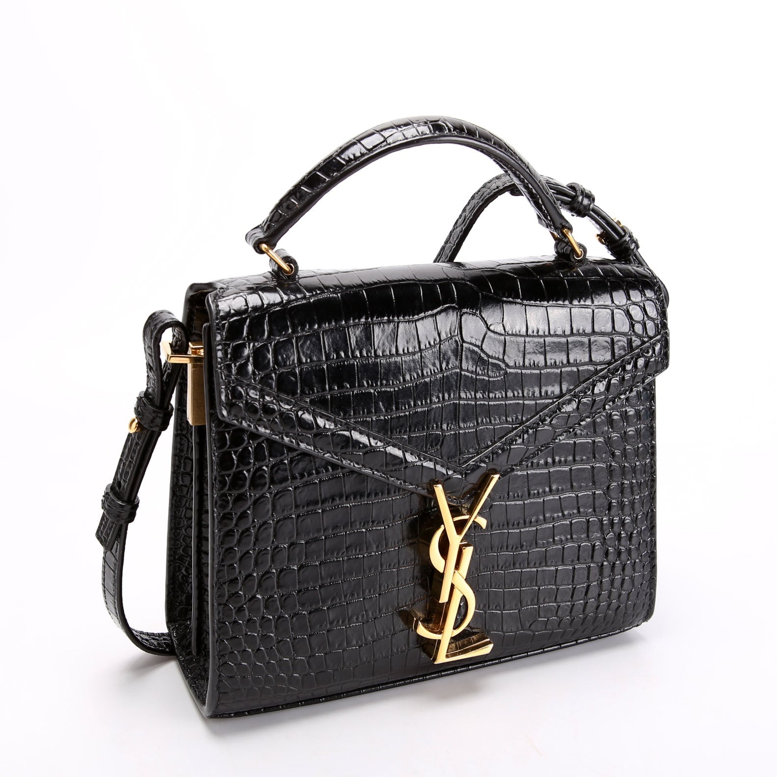 623930 Casssandra Crocodile Embossed Top Handle Black