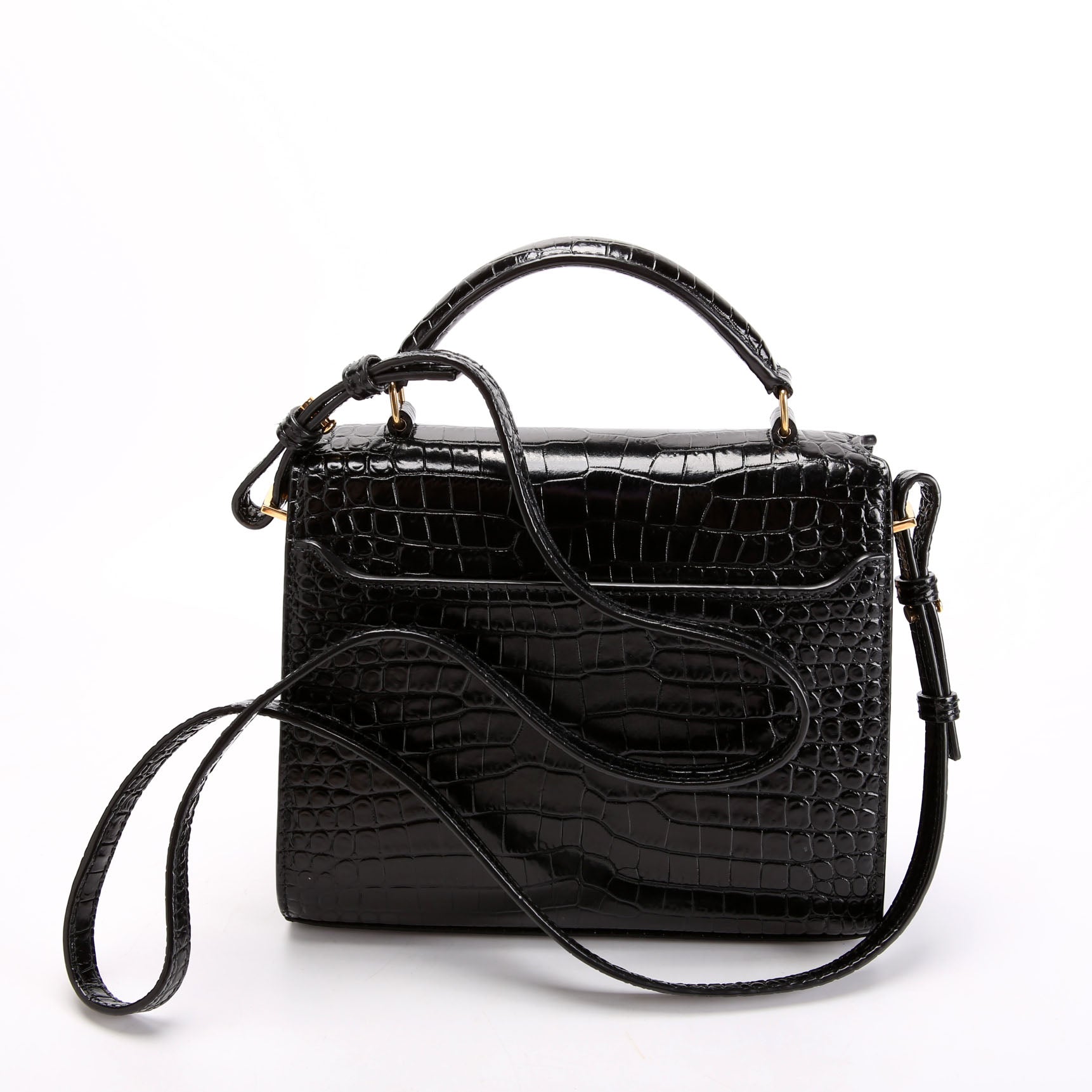 623930 Casssandra Crocodile Embossed Top Handle Black