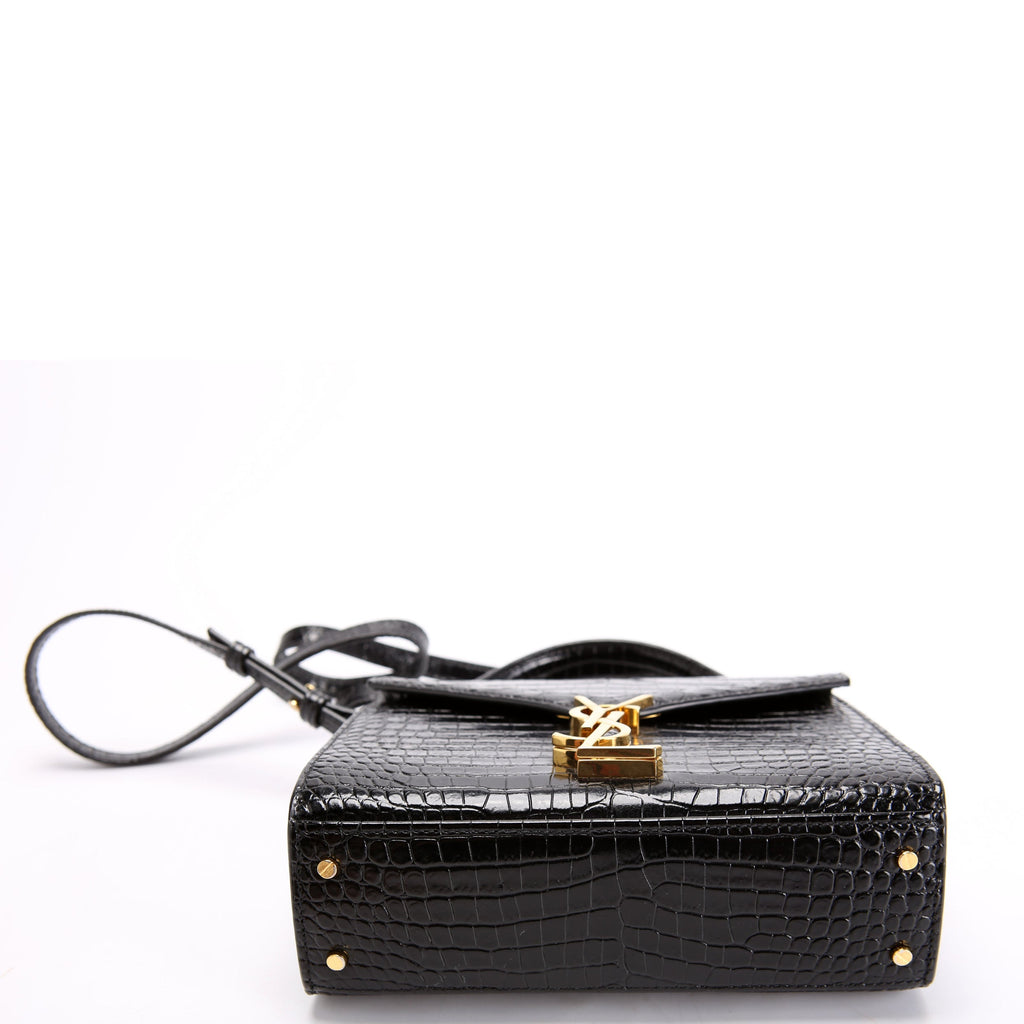 623930 Casssandra Crocodile Embossed Top Handle Black