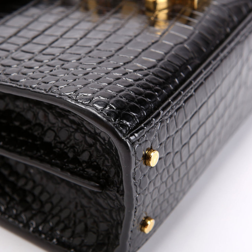 623930 Casssandra Crocodile Embossed Top Handle Black