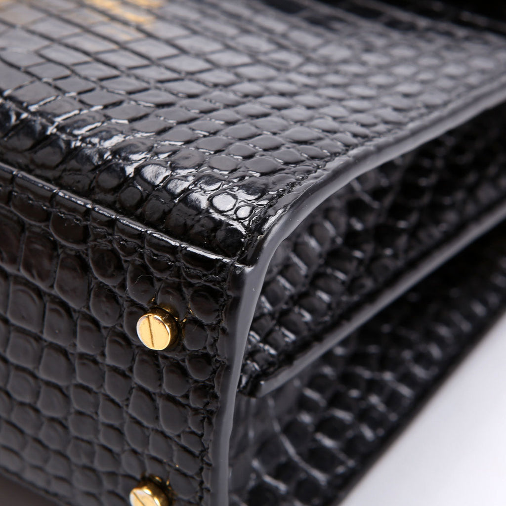 623930 Casssandra Crocodile Embossed Top Handle Black