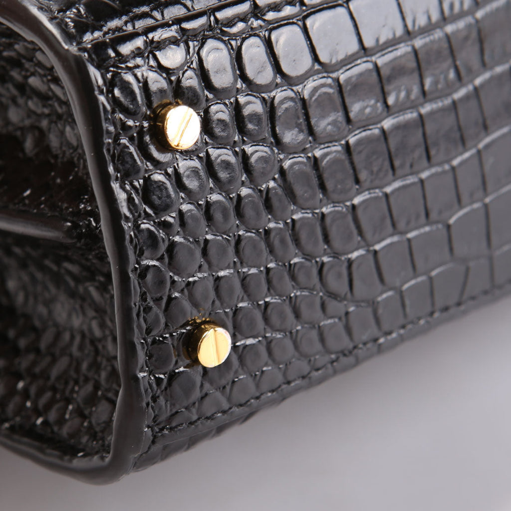 623930 Casssandra Crocodile Embossed Top Handle Black