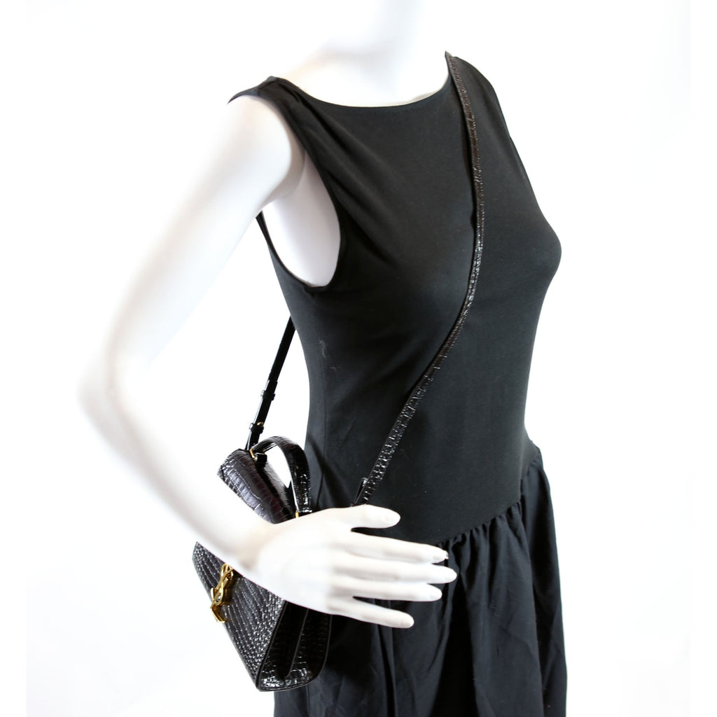 623930 Casssandra Crocodile Embossed Top Handle Black