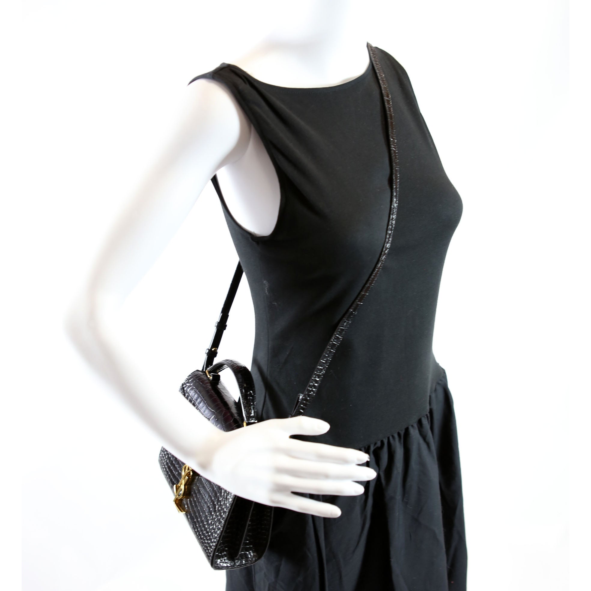623930 Casssandra Crocodile Embossed Top Handle Black