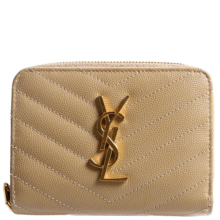 SAINT LAURENT 403723 Cassandre Grain De Poudre Compact Zip Around Wallet Tan