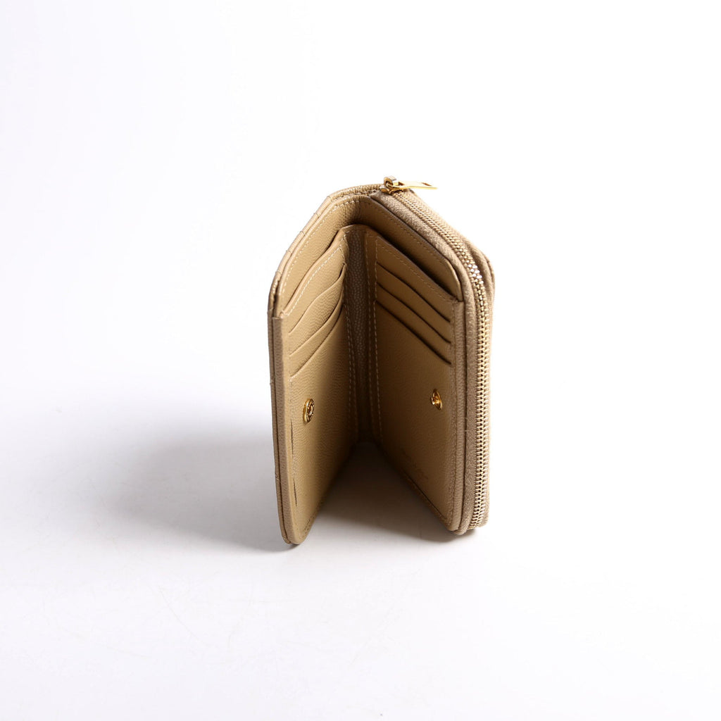 SAINT LAURENT 403723 Cassandre Grain De Poudre Compact Zip Around Wallet Tan
