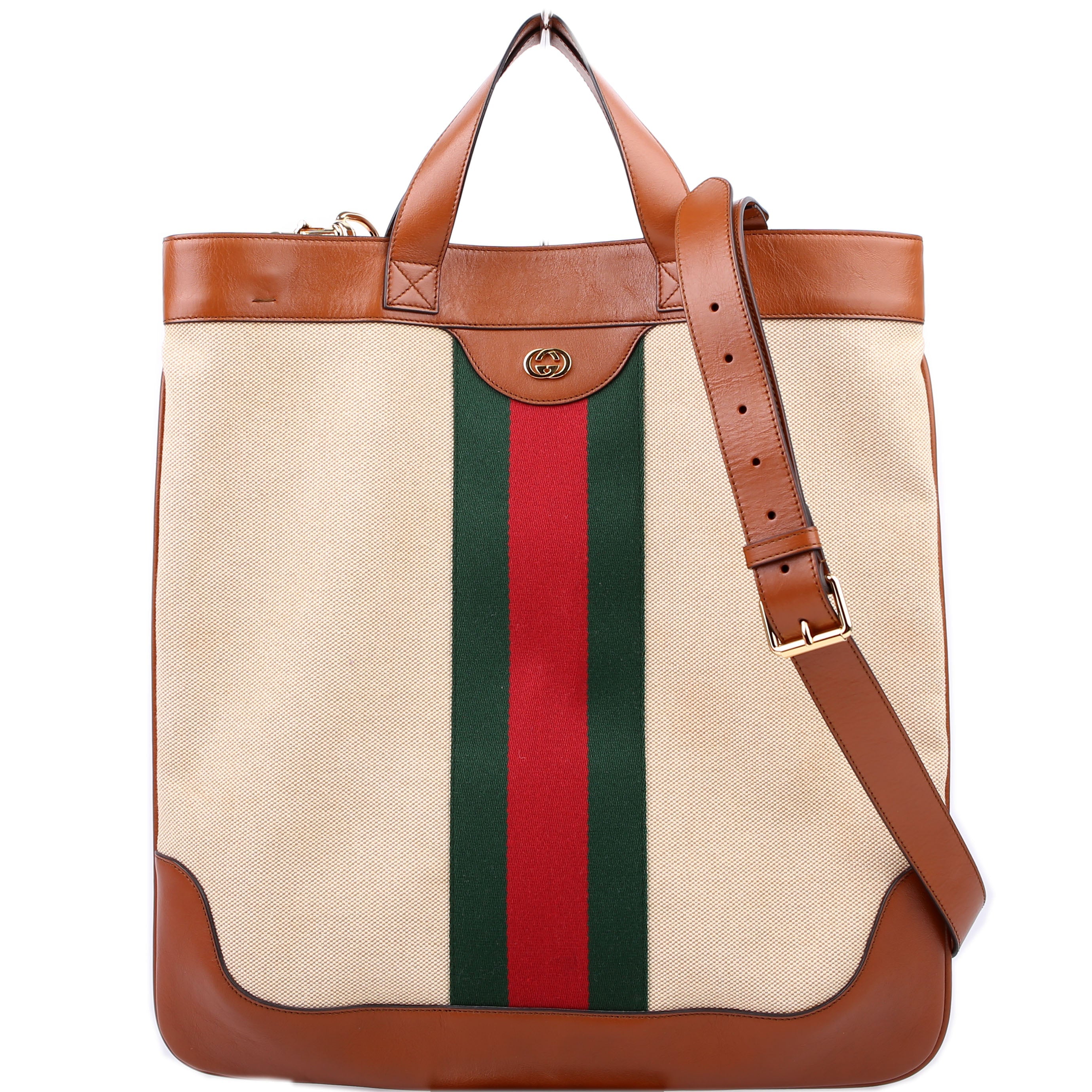 Gucci 575067 Vintage Web Canvas/Leather Large Shopping Tote Brown