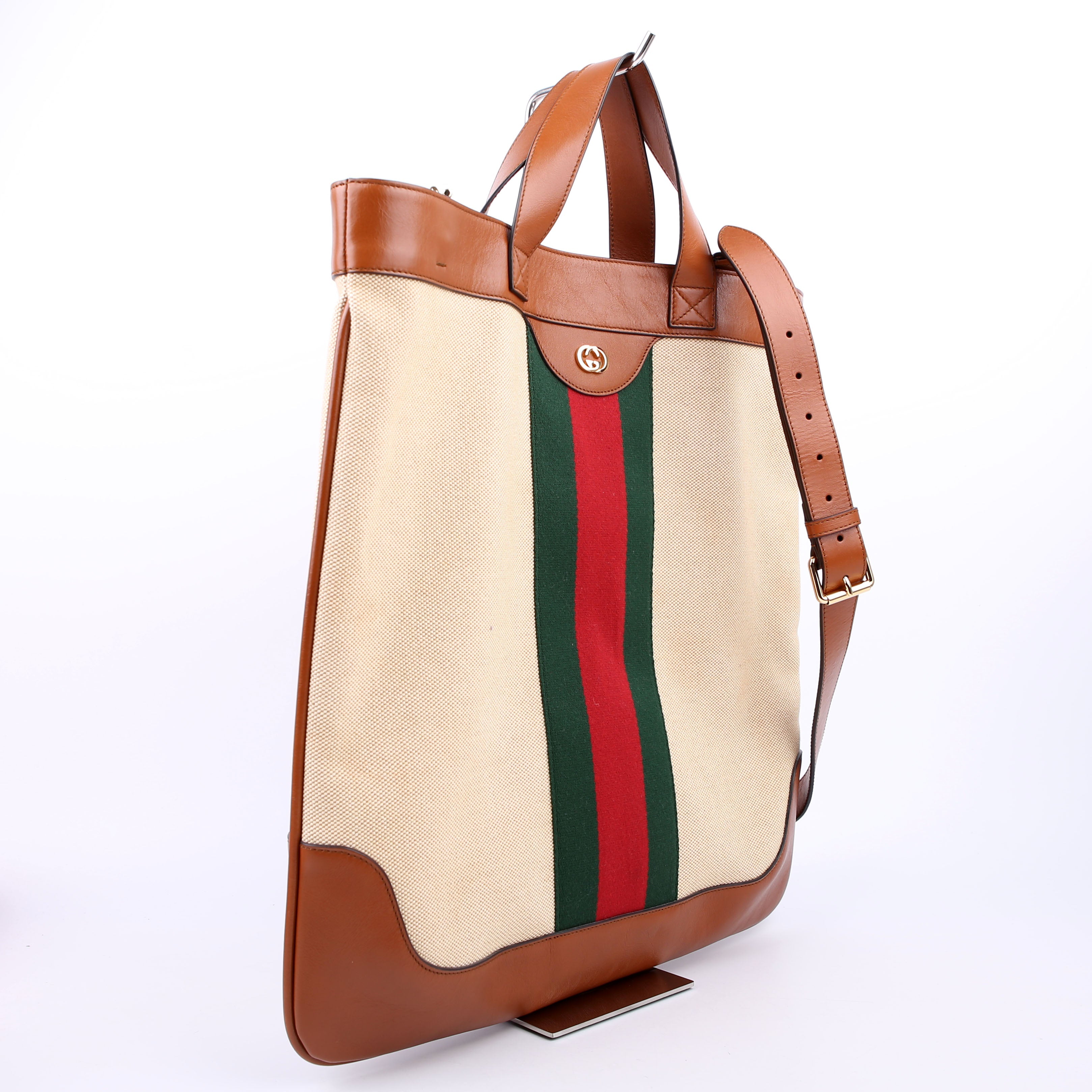 Gucci 575067 Vintage Web Canvas/Leather Large Shopping Tote Brown