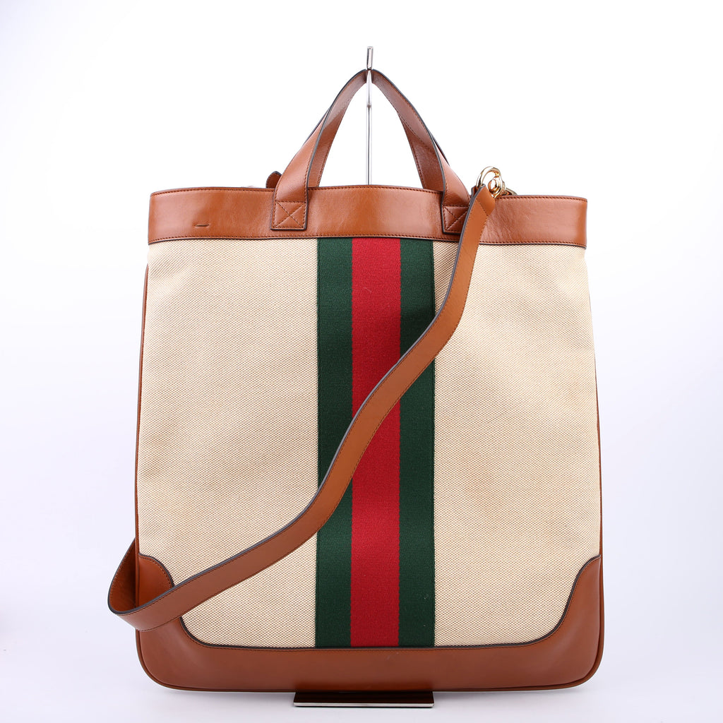 Gucci 575067 Vintage Web Canvas/Leather Large Shopping Tote Brown