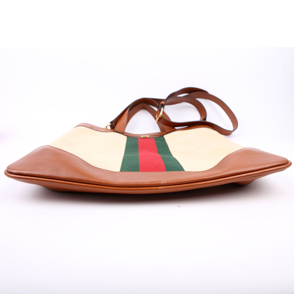 Gucci 575067 Vintage Web Canvas/Leather Large Shopping Tote Brown