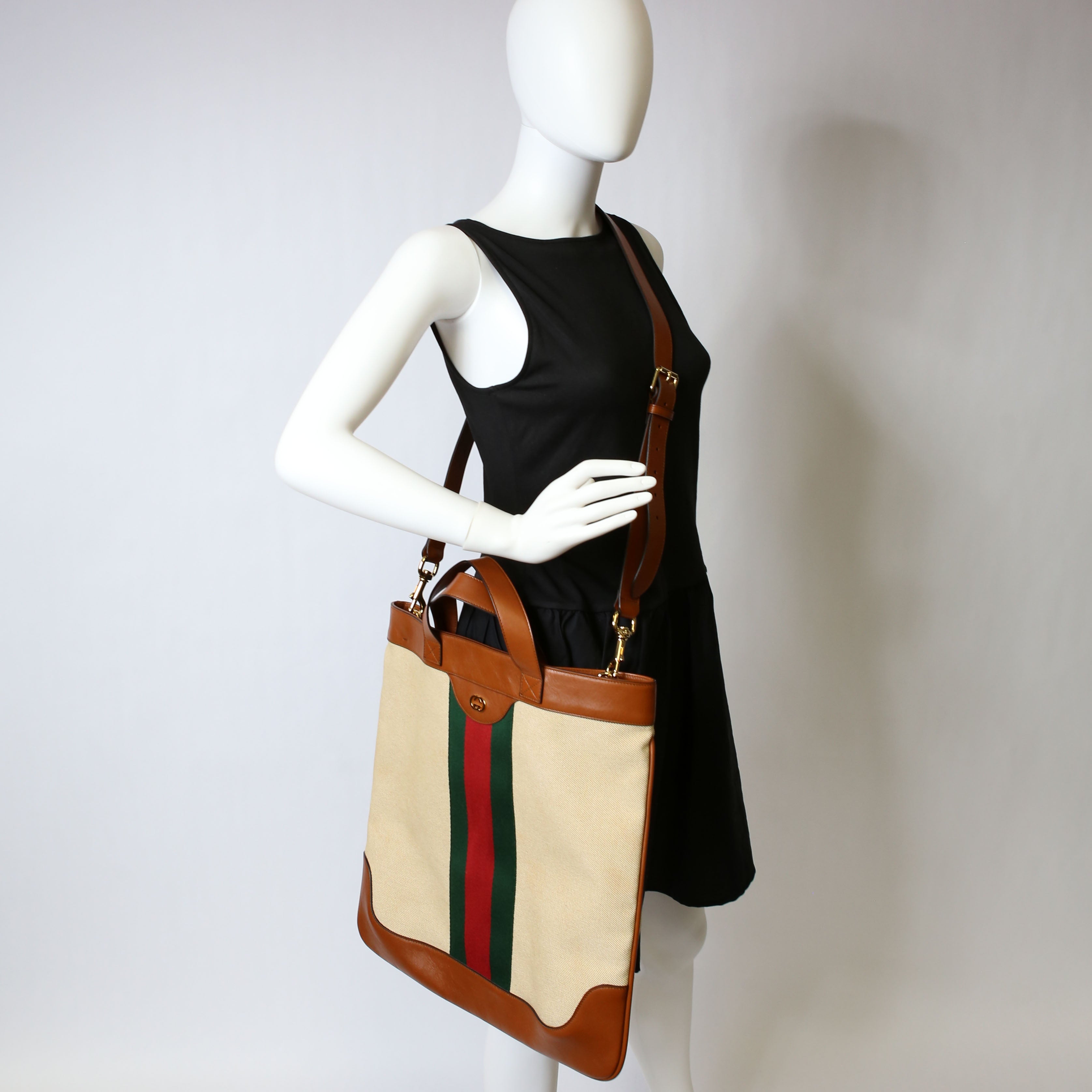 Gucci 575067 Vintage Web Canvas/Leather Large Shopping Tote Brown