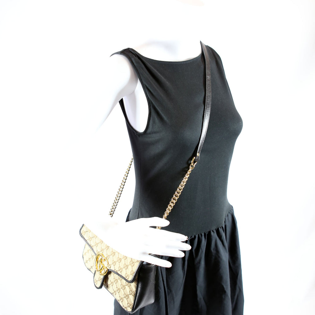 Gucci 443497 Marmont GG Canvas Shoulder Small Flap Tan/Black