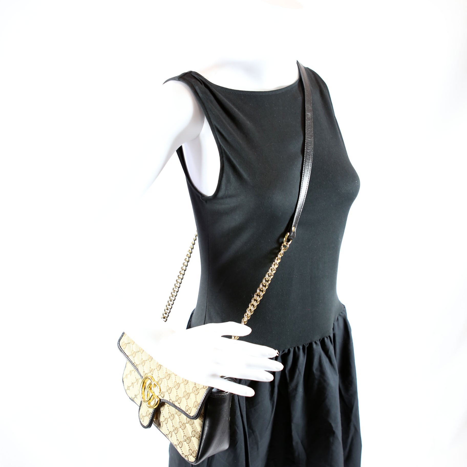 Gucci 443497 Marmont GG Canvas Shoulder Small Flap Tan/Black
