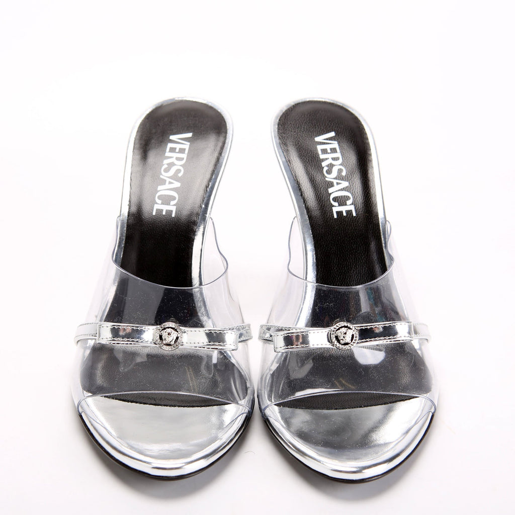Gianni Ribbon 95MM Wedge Mule Size 36 Silver