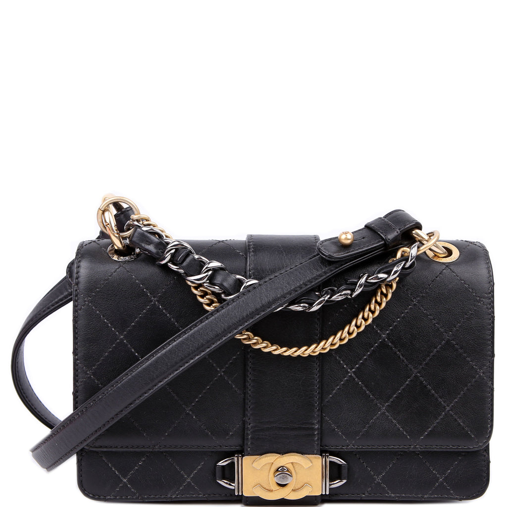 Double Chain Top Handle Flap Calfskin 26M Black