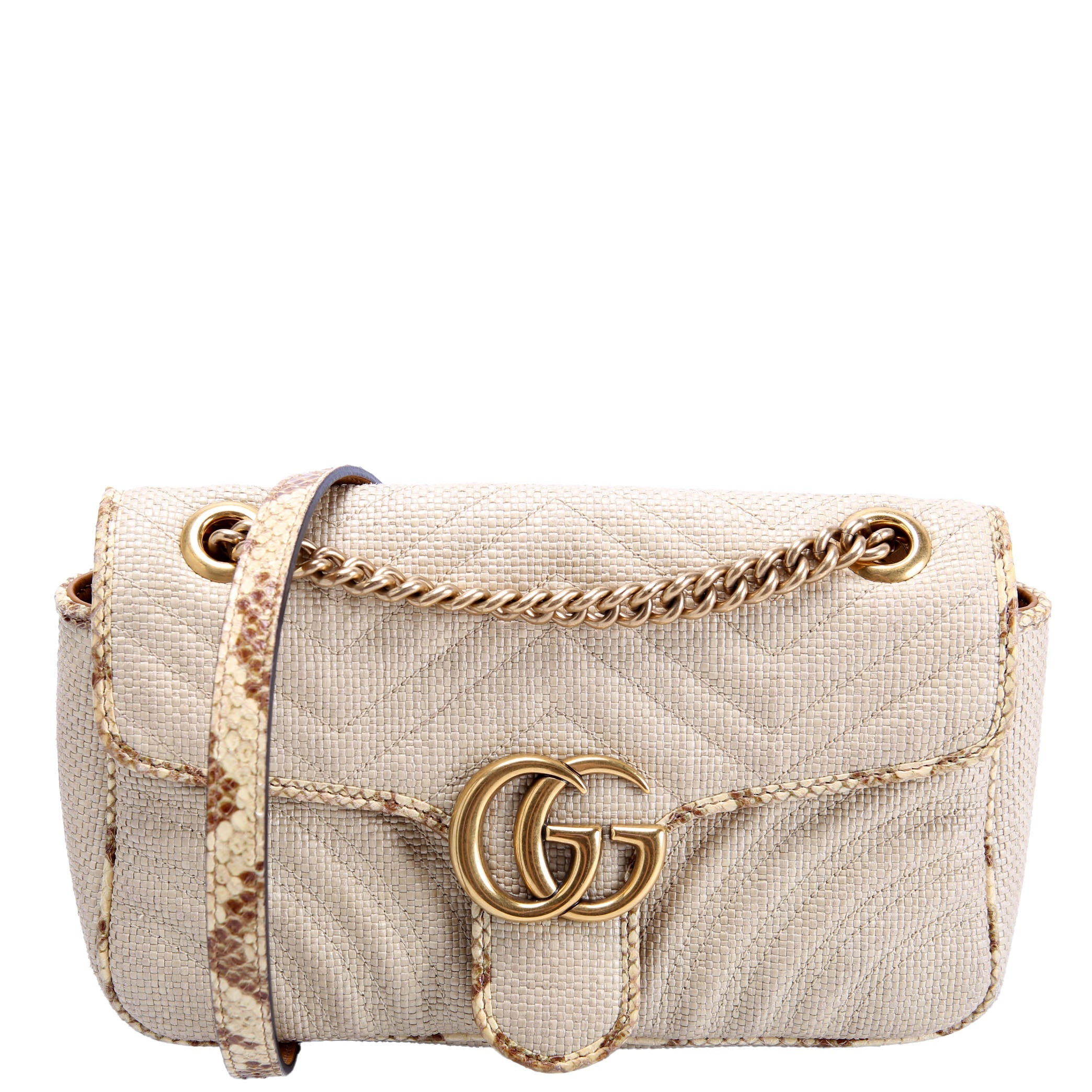 Gucci 443497 Marmont GG Raffia/Snakeskin Shoulder Small Flap Beige
