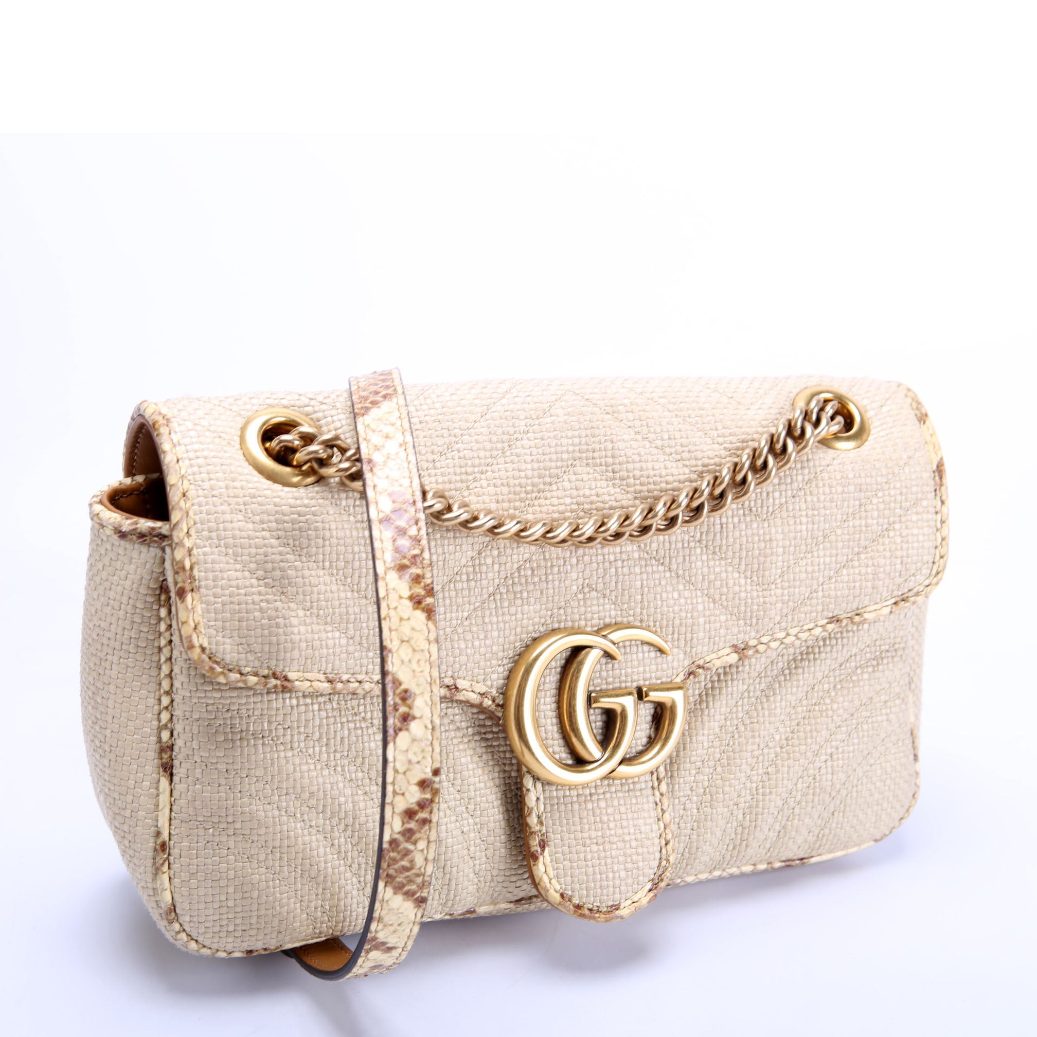 Gucci 443497 Marmont GG Raffia/Snakeskin Shoulder Small Flap Beige