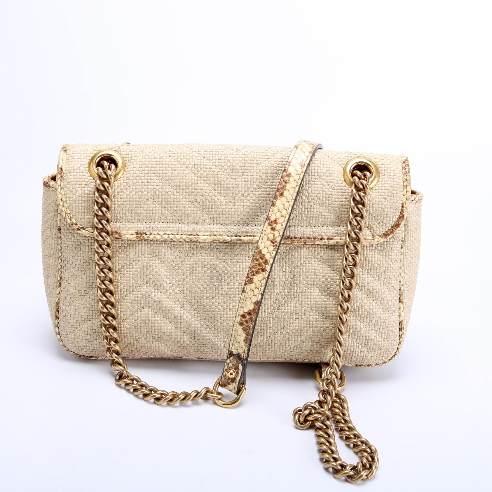 Gucci 443497 Marmont GG Raffia/Snakeskin Shoulder Small Flap Beige
