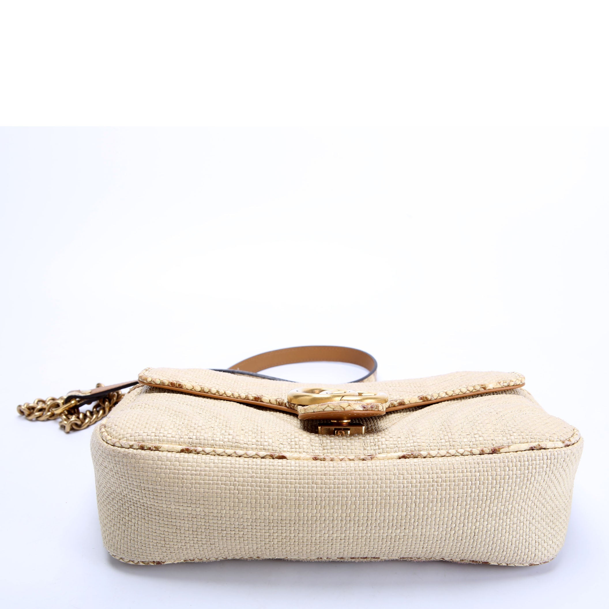 Gucci 443497 Marmont GG Raffia/Snakeskin Shoulder Small Flap Beige
