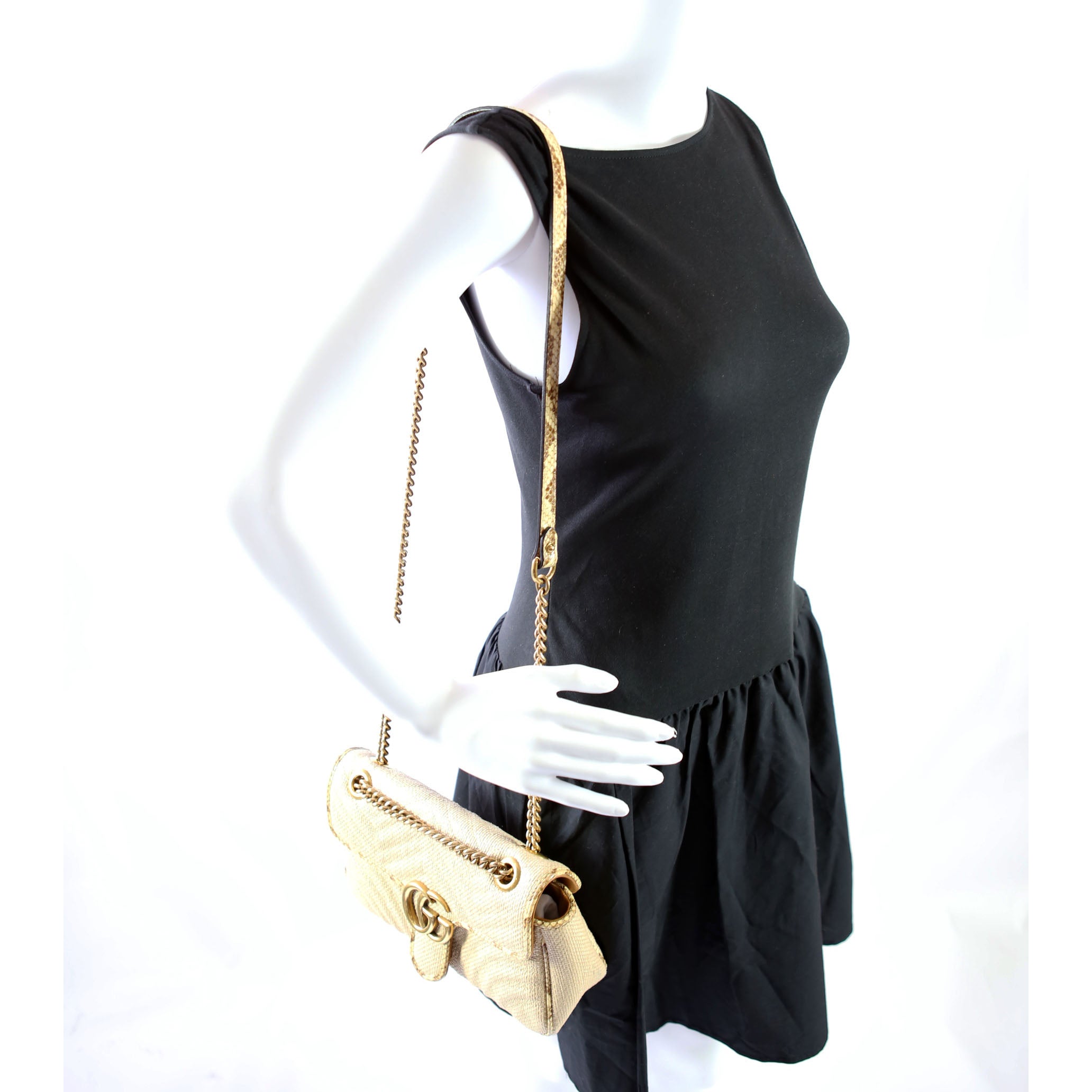 Gucci 443497 Marmont GG Raffia/Snakeskin Shoulder Small Flap Beige