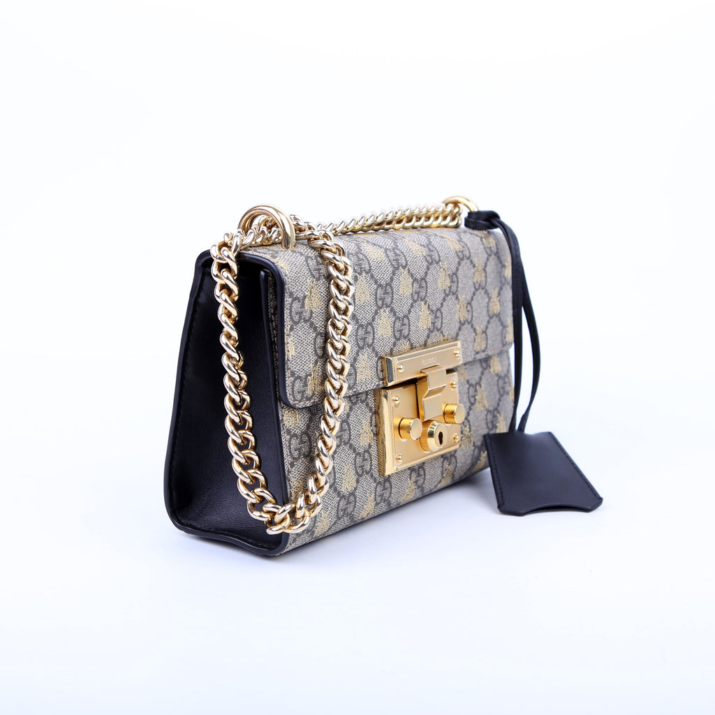 409487 Padlock GG Supreme Bee Small Tan/Black