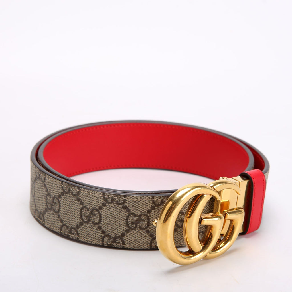 659416 GG Marmont Reversible Supreme/Leather Belt Size 85/34 Beige/Red