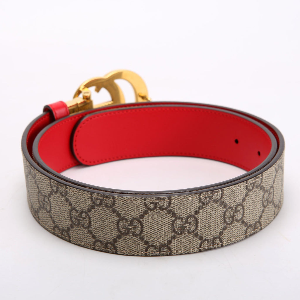 659416 GG Marmont Reversible Supreme/Leather Belt Size 85/34 Beige/Red