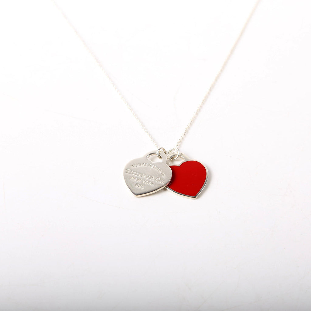 Please Return Small Double Enamel Heart Necklace 925 Red