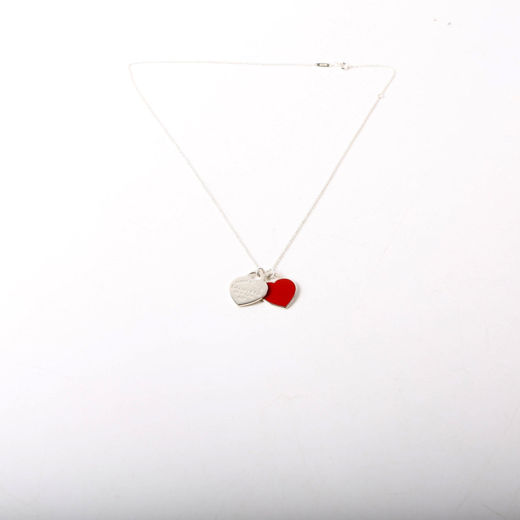 Please Return Small Double Enamel Heart Necklace 925 Red