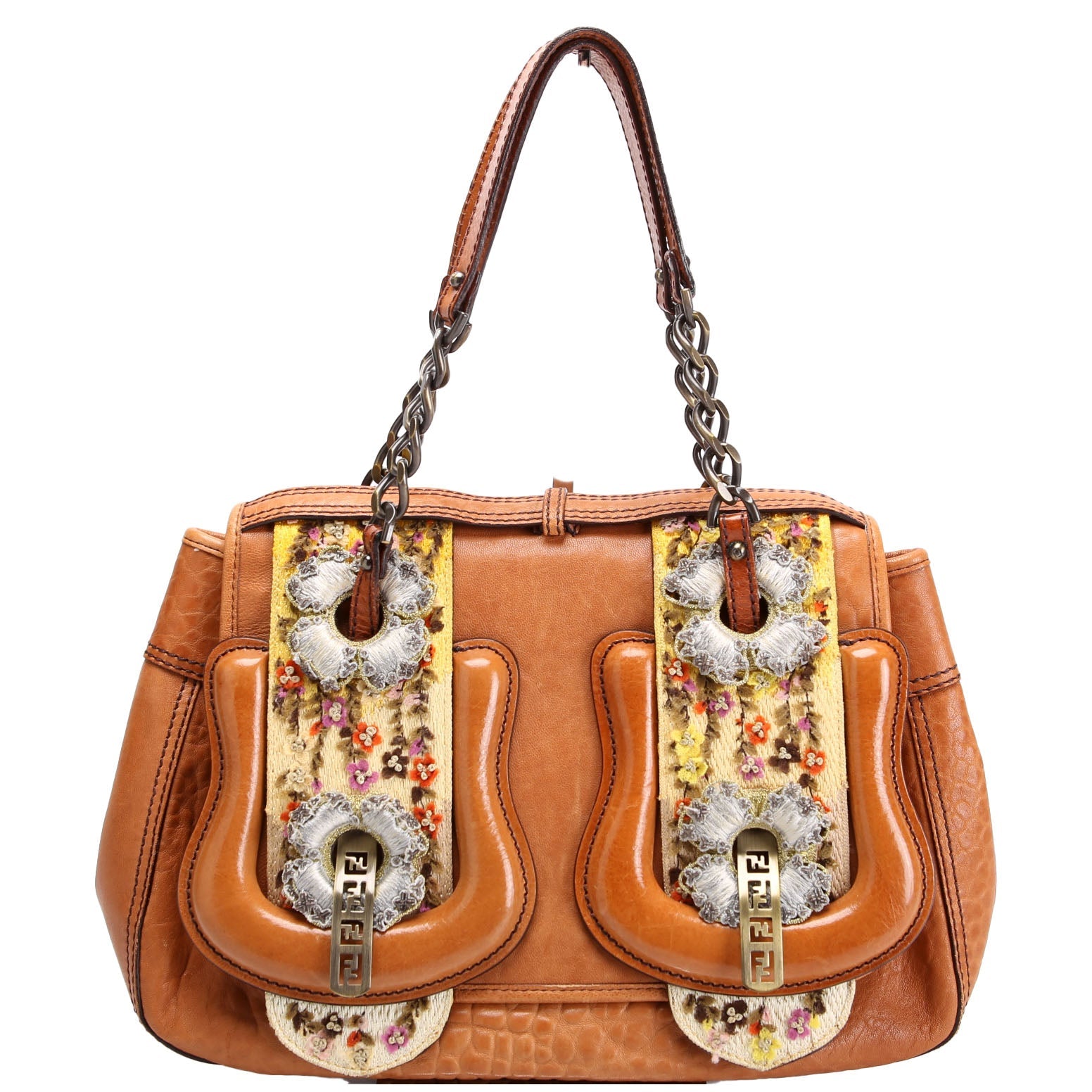 8BN165 B Bag Leather Embroidered Brown