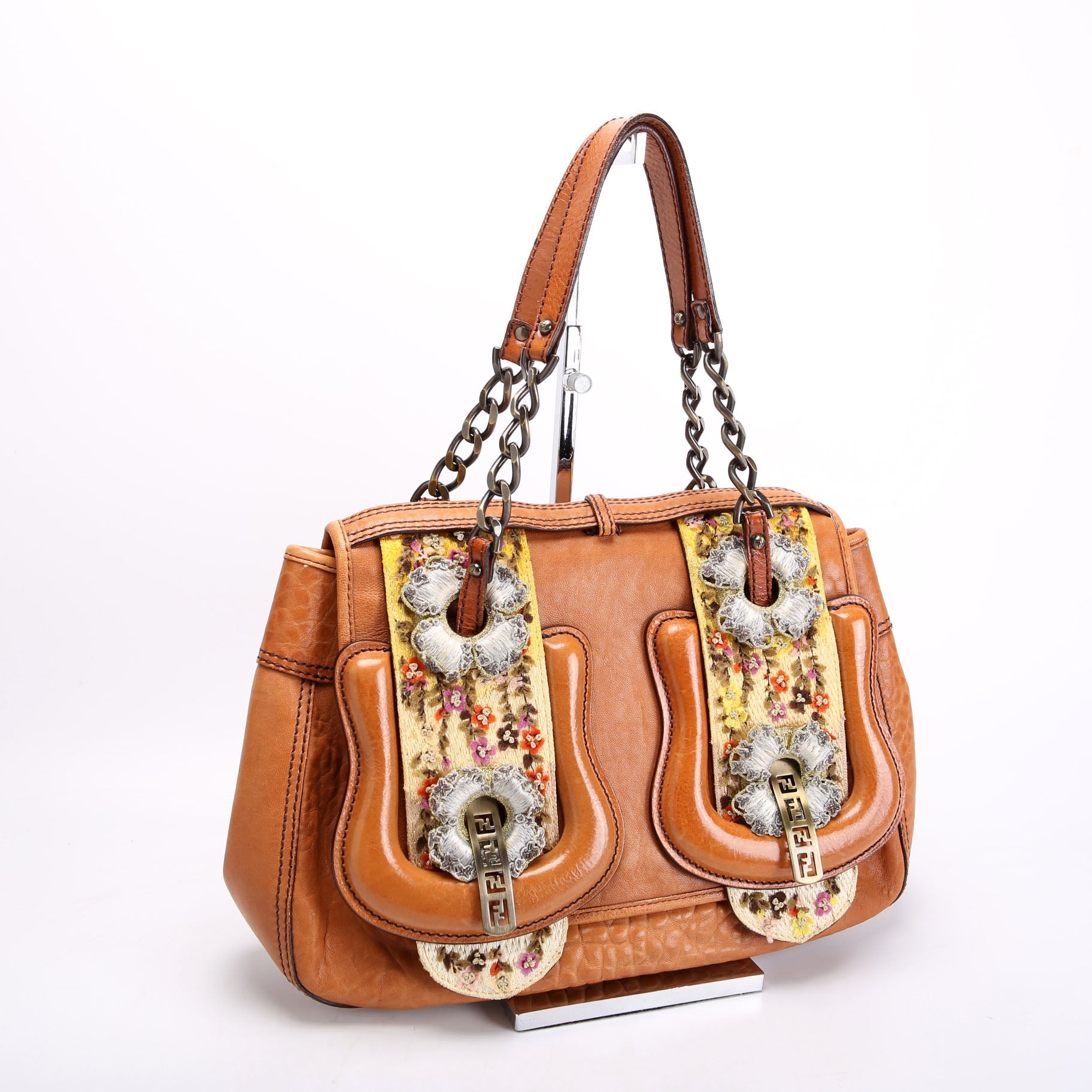 8BN165 B Bag Leather Embroidered Brown