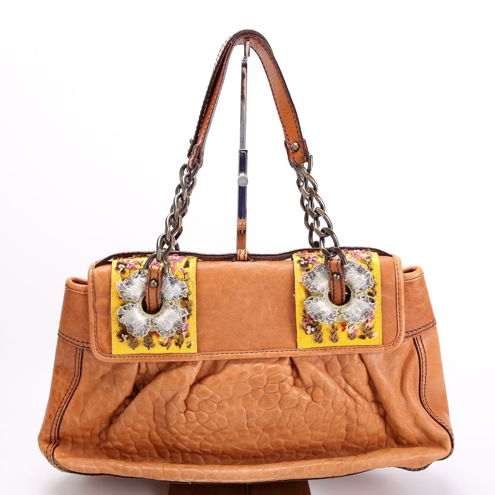 8BN165 B Bag Leather Embroidered Brown