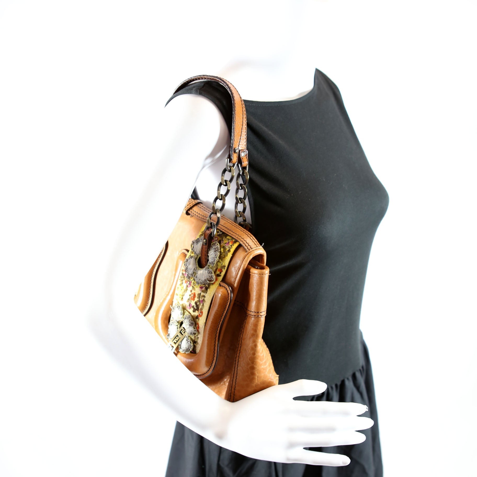 8BN165 B Bag Leather Embroidered Brown