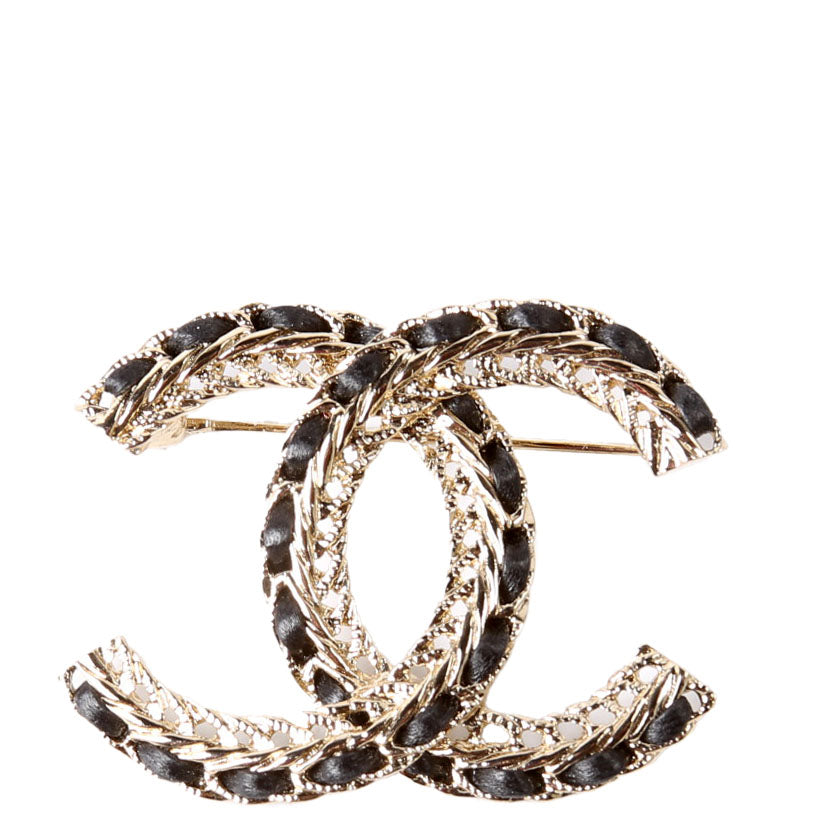 CC Chain/Lambskin Brooch Gold/Black