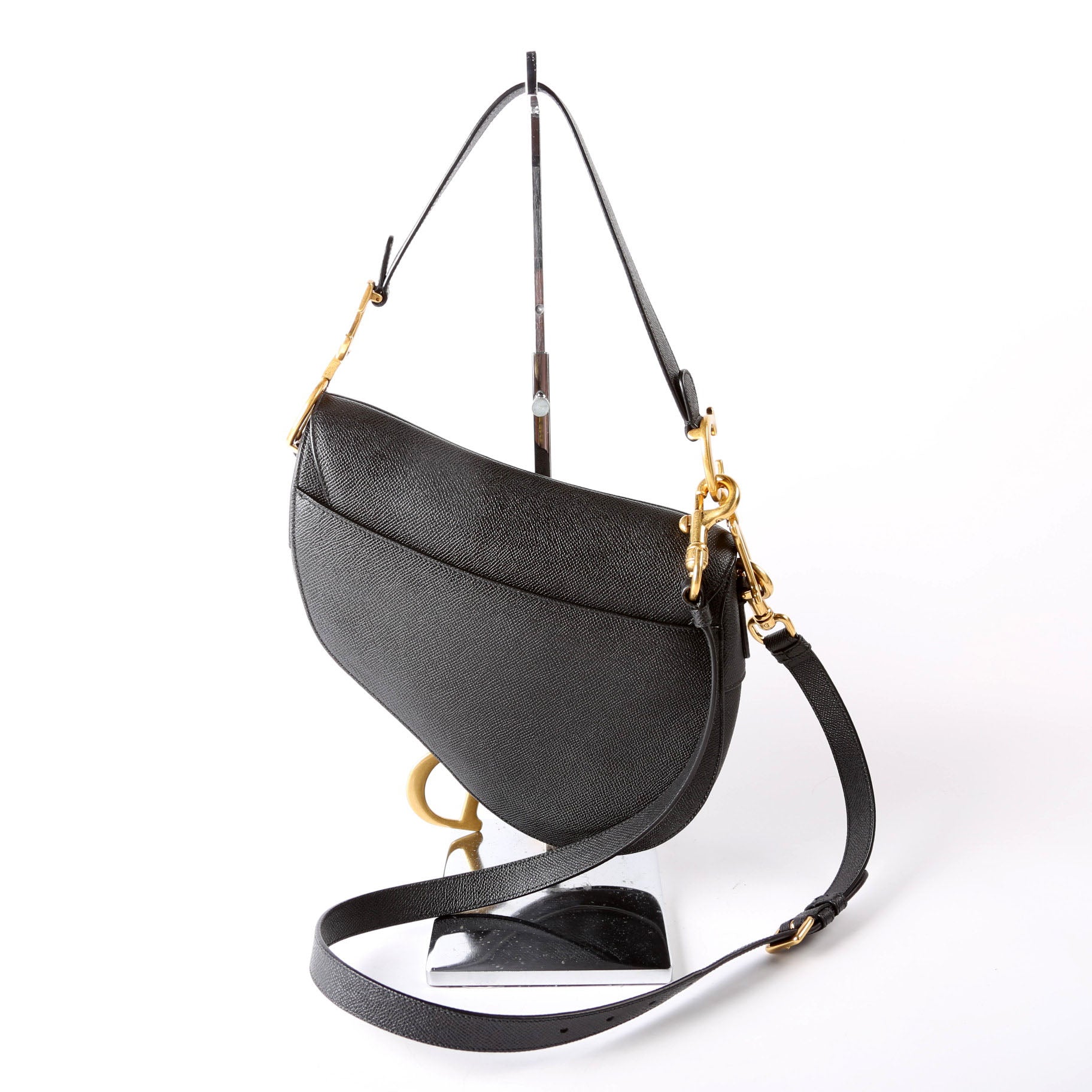 Saddle Bag With Strap Grained Leather Black