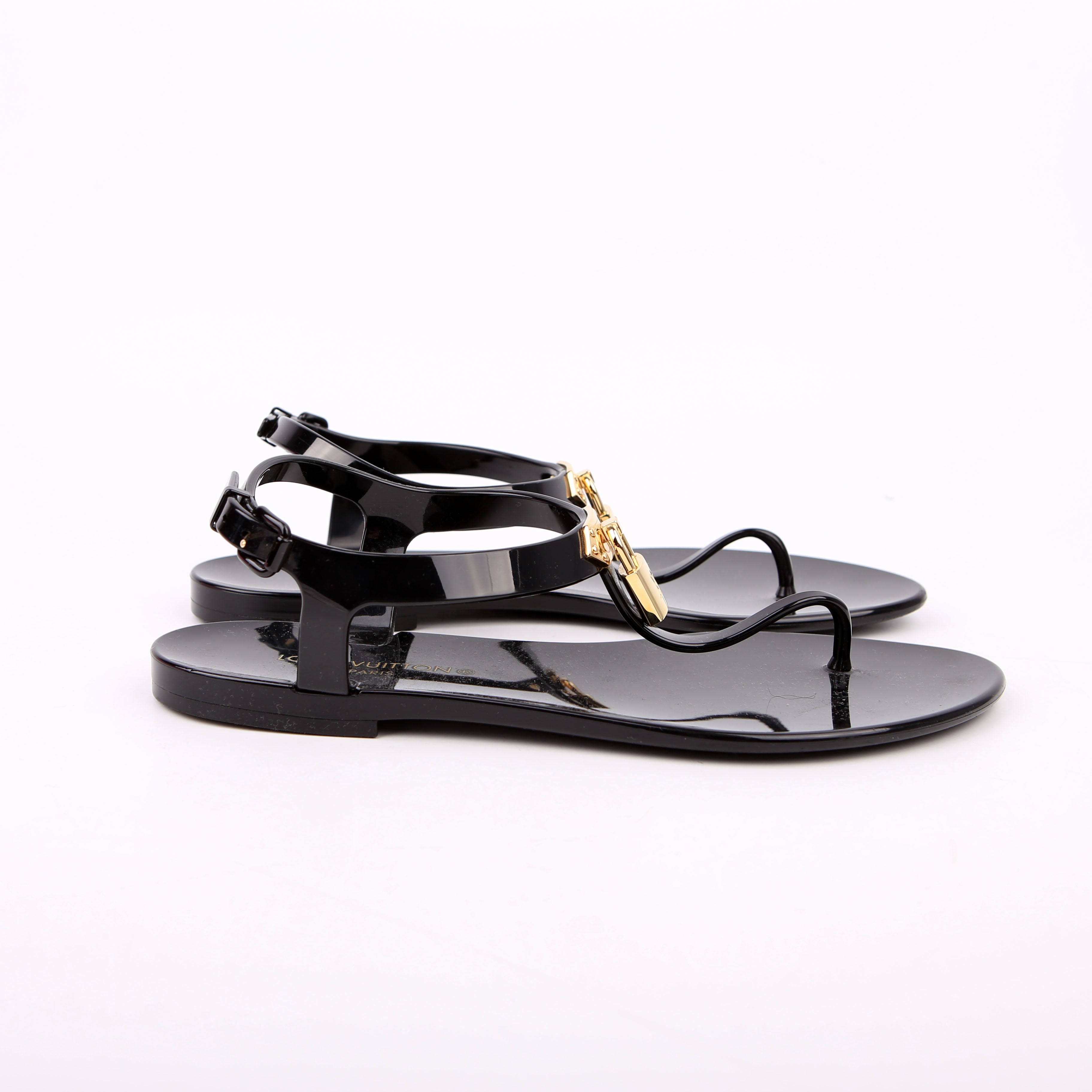 Bikini T-Strap Rubber Flat Sandals Size 38 Black