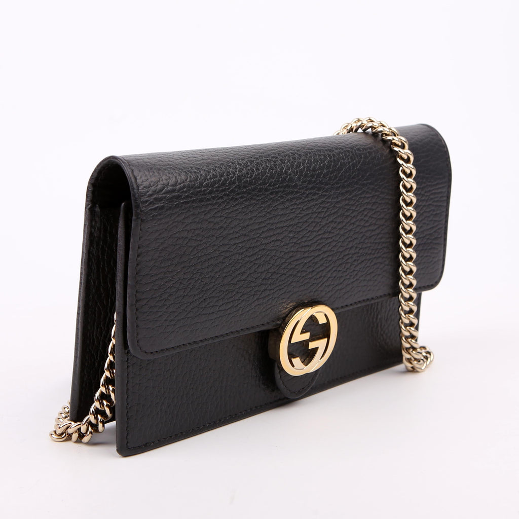 Gucci 615523 Interlocking GG Wallet On Chain Calfskin Black