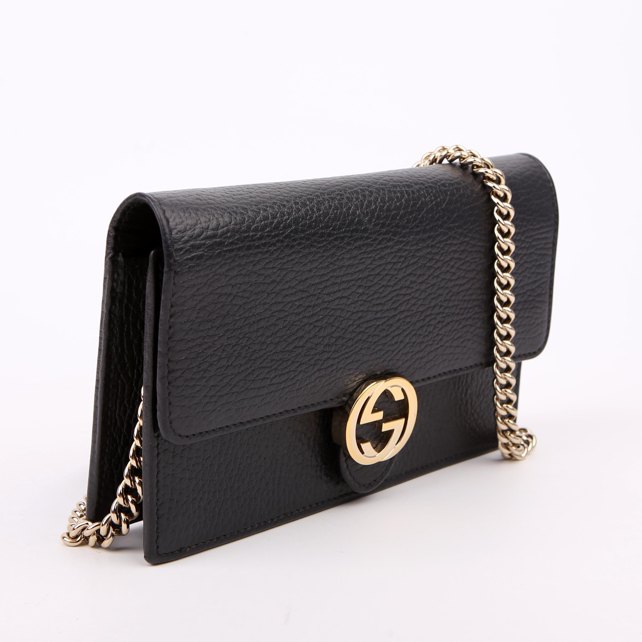 Gucci 615523 Interlocking GG Wallet On Chain Calfskin Black