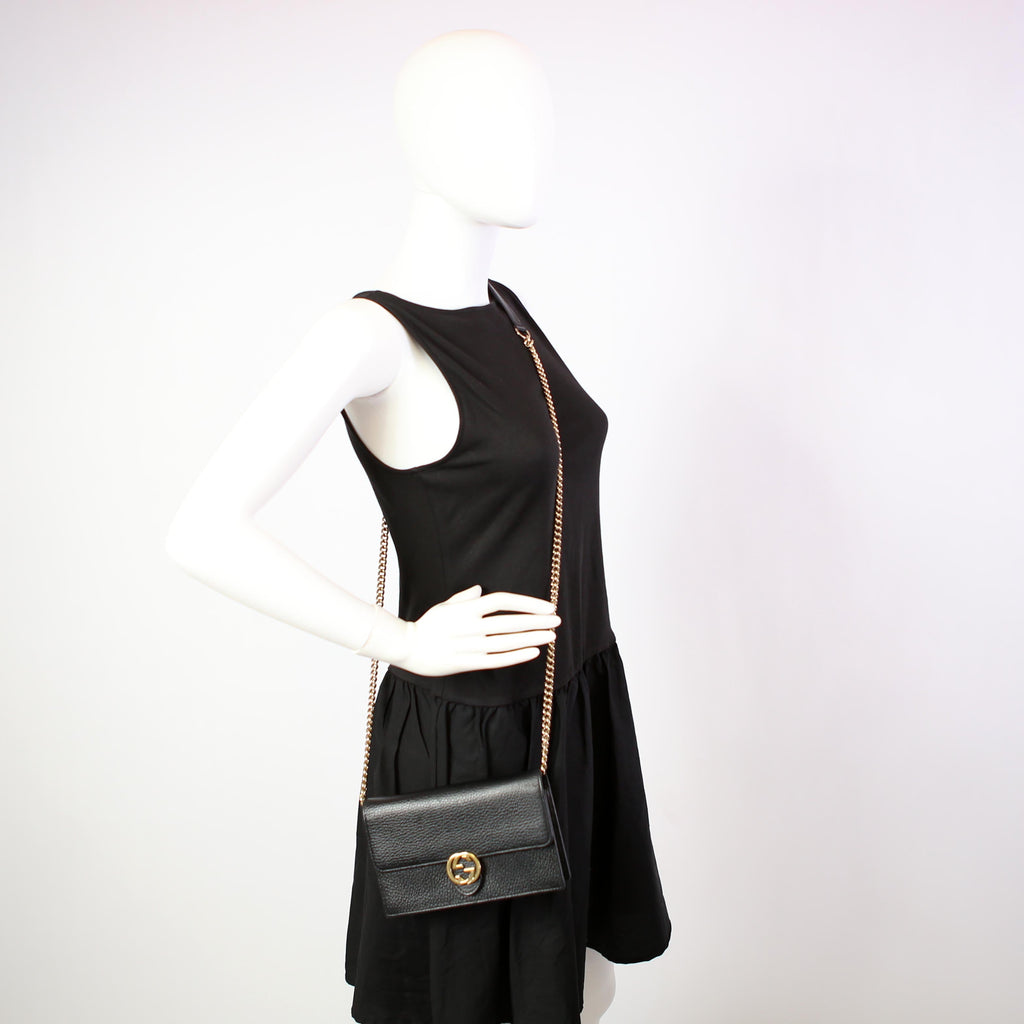 Gucci 615523 Interlocking GG Wallet On Chain Calfskin Black