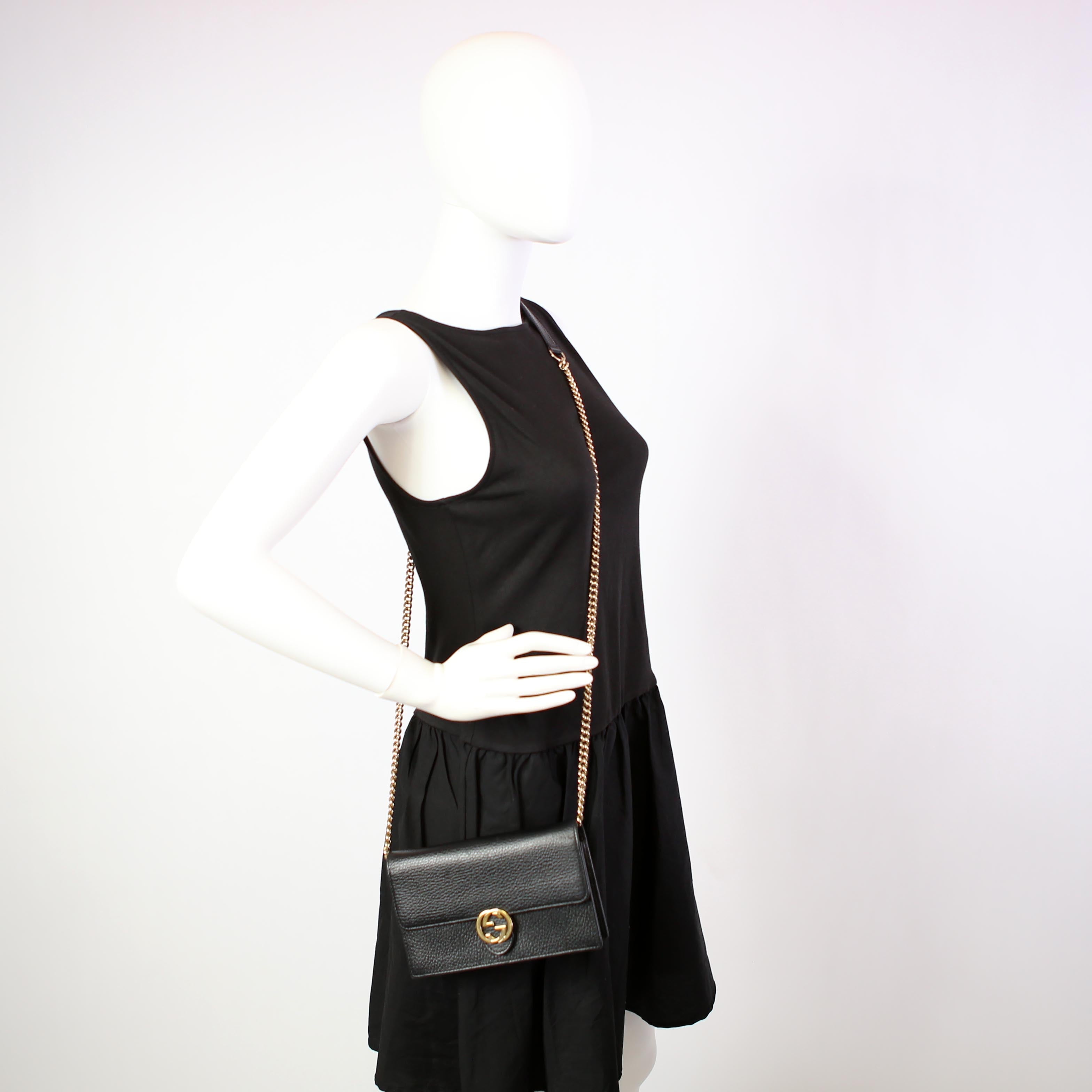 Gucci 615523 Interlocking GG Wallet On Chain Calfskin Black