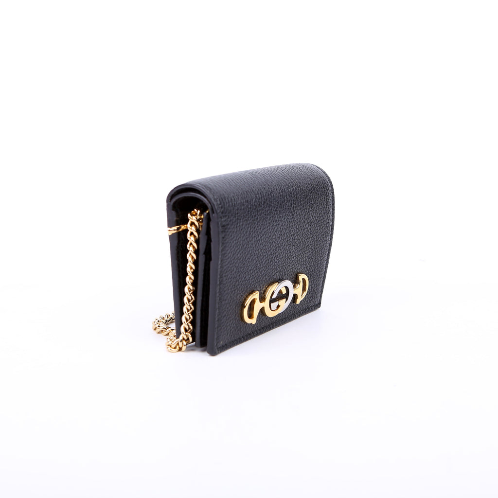 Gucci 570660 Zumi Leather Card Case with Chain Black