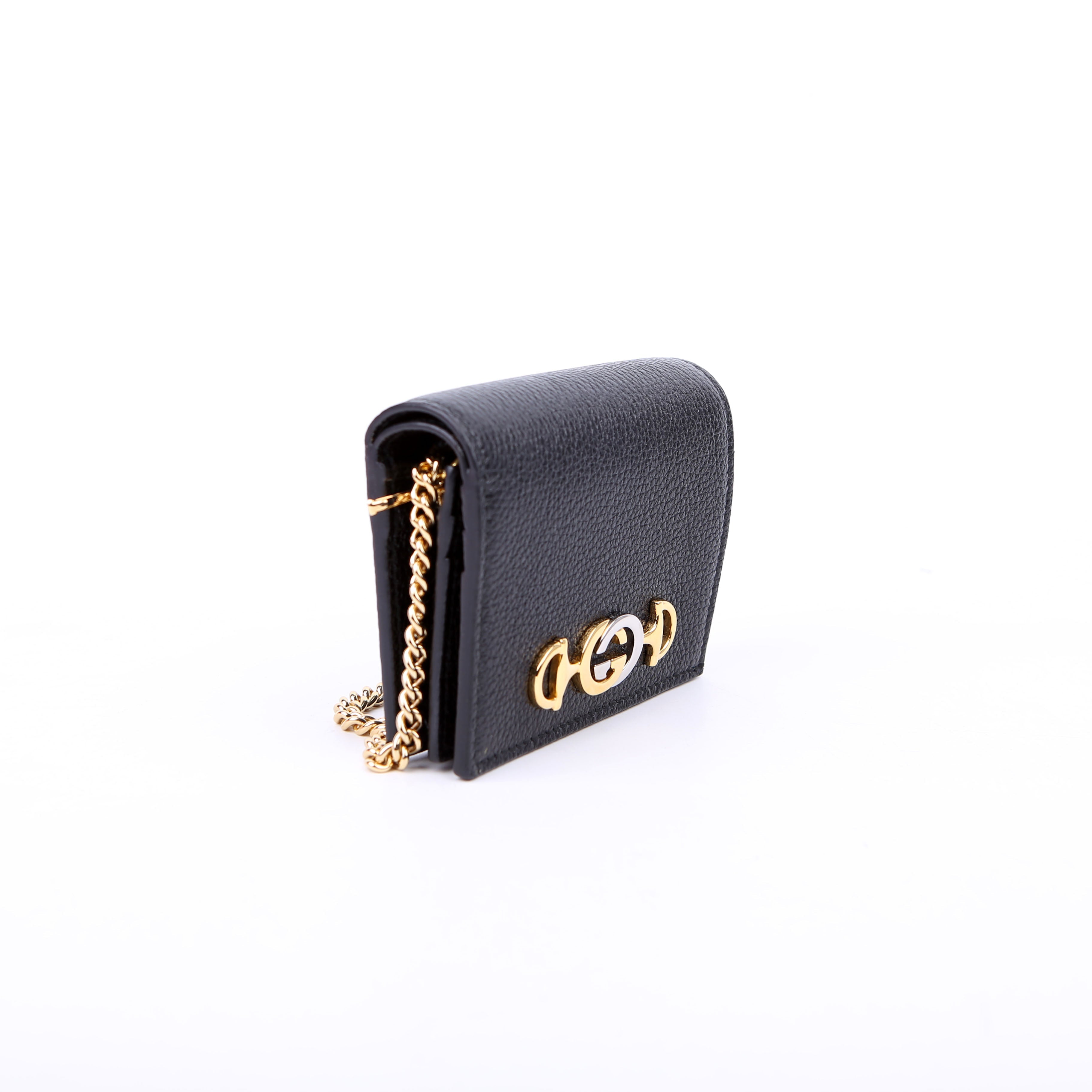 Gucci 570660 Zumi Leather Card Case with Chain Black