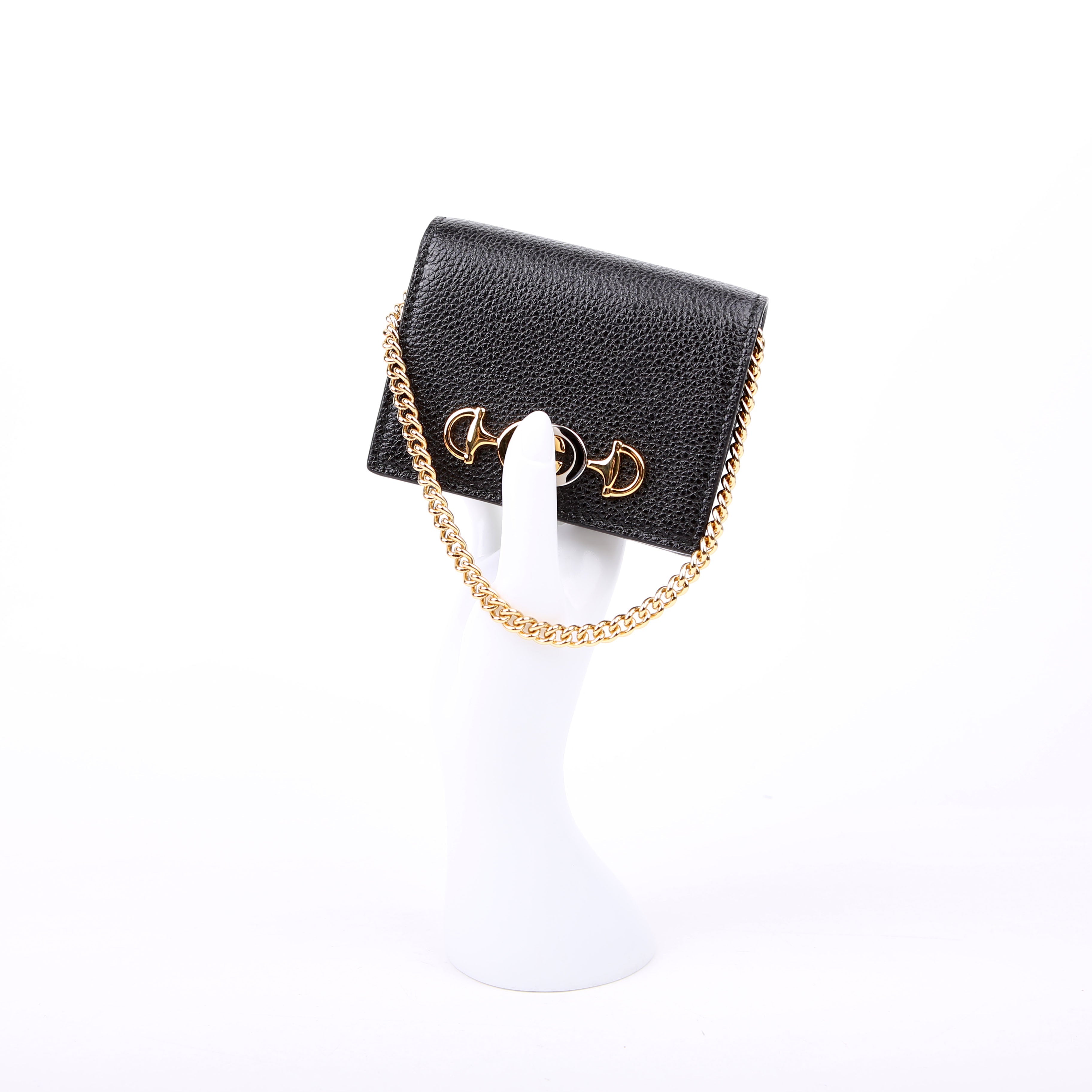 Gucci 570660 Zumi Leather Card Case with Chain Black