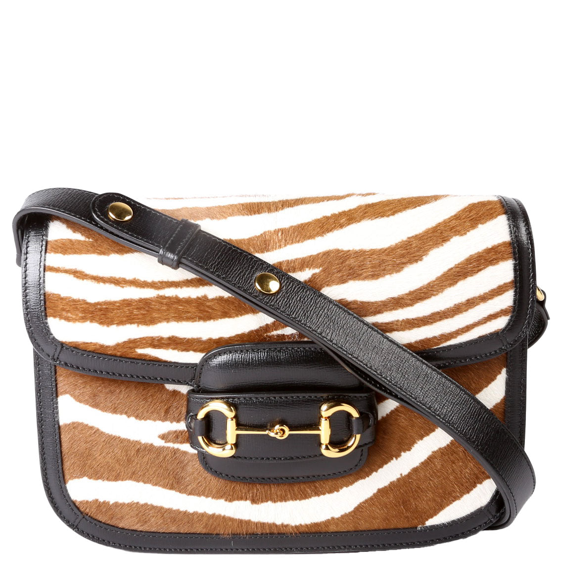 Gucci 602204 Horsebit 1955 Pony Hair Zebra Shoulder Bag Brown/Ivory