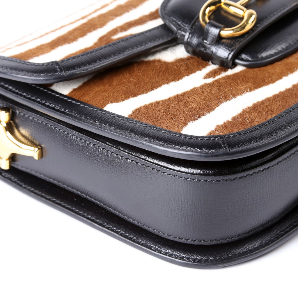 Gucci 602204 Horsebit 1955 Pony Hair Zebra Shoulder Bag Brown/Ivory