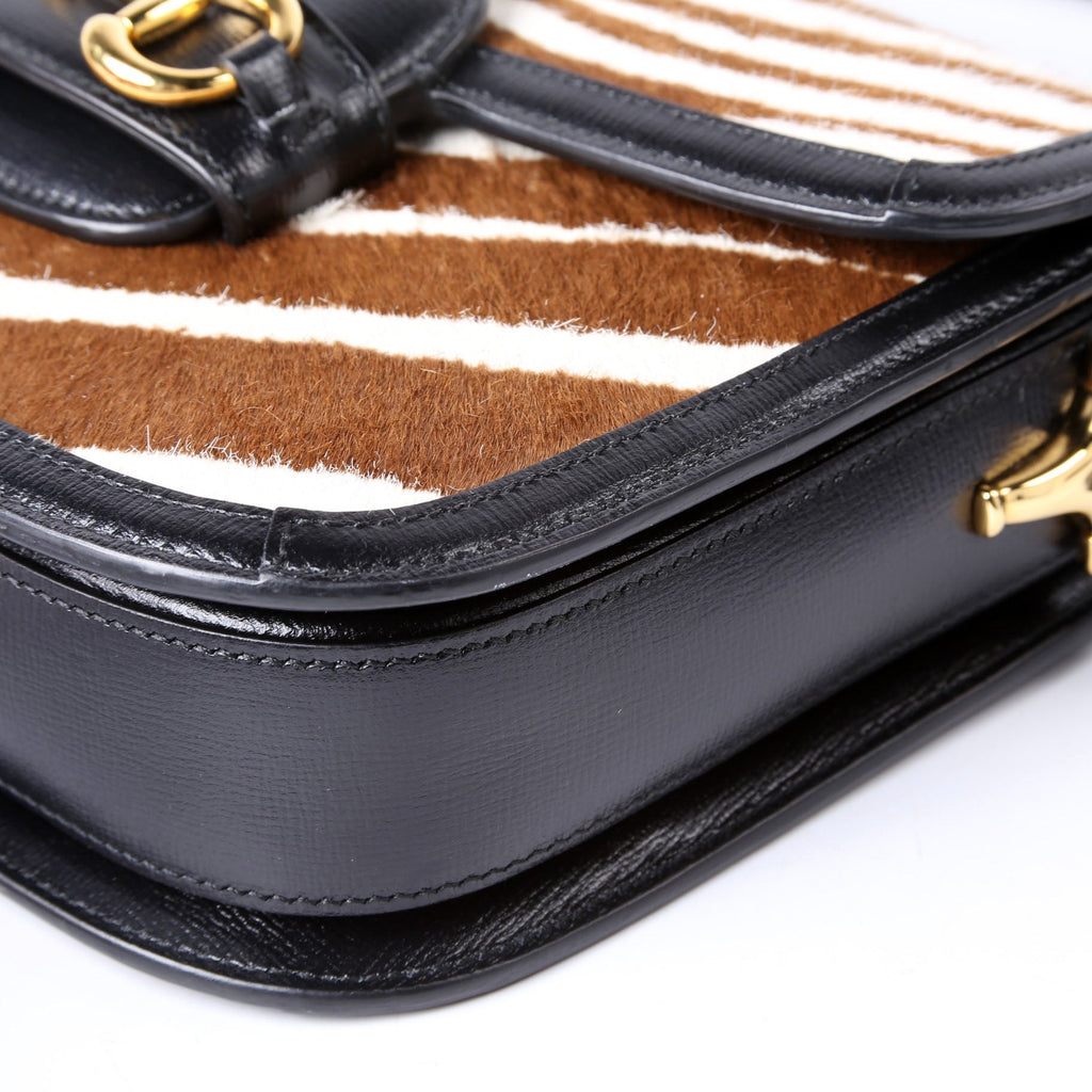 Gucci 602204 Horsebit 1955 Pony Hair Zebra Shoulder Bag Brown/Ivory
