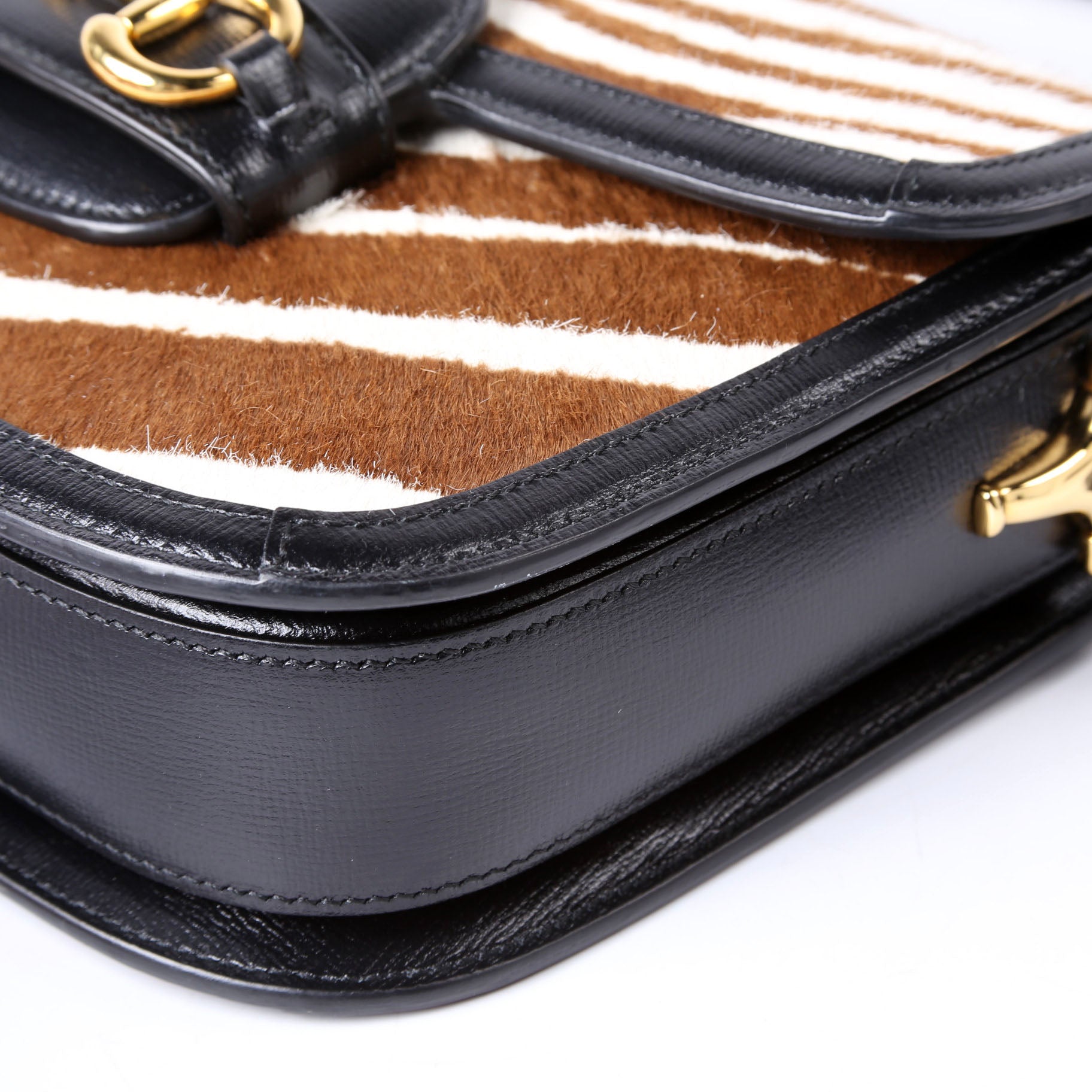 Gucci 602204 Horsebit 1955 Pony Hair Zebra Shoulder Bag Brown/Ivory
