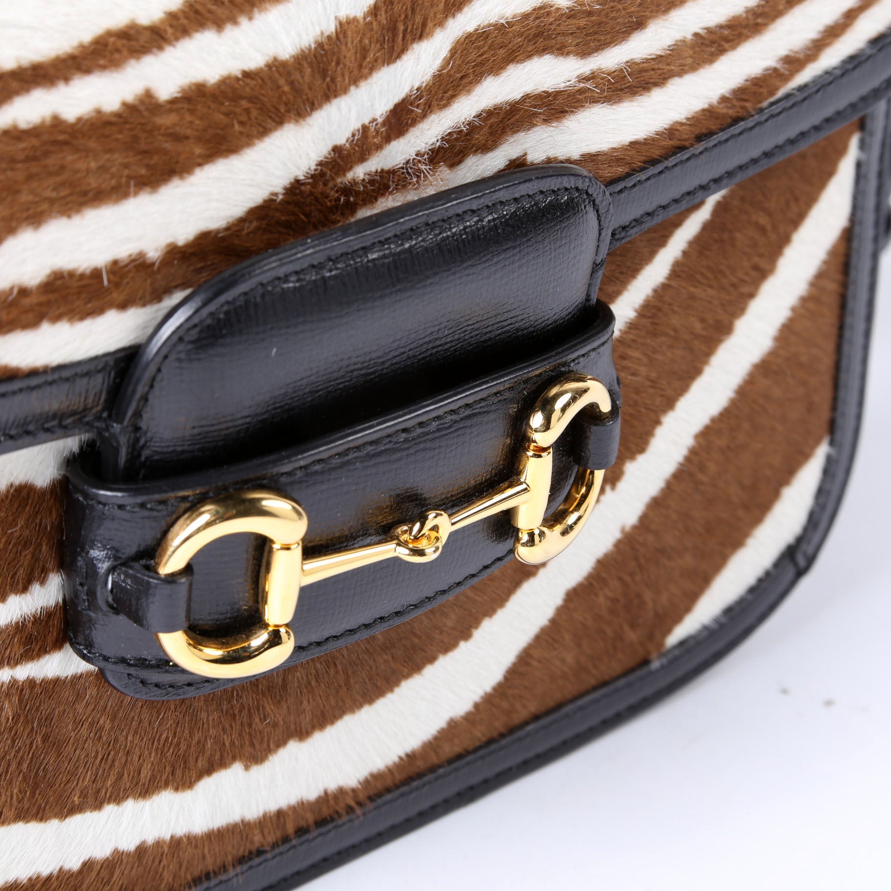 Gucci 602204 Horsebit 1955 Pony Hair Zebra Shoulder Bag Brown/Ivory